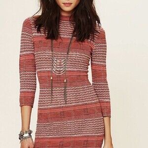 Free People Sweater Dress Women's M Red Multi Striped Mock Neck Midi